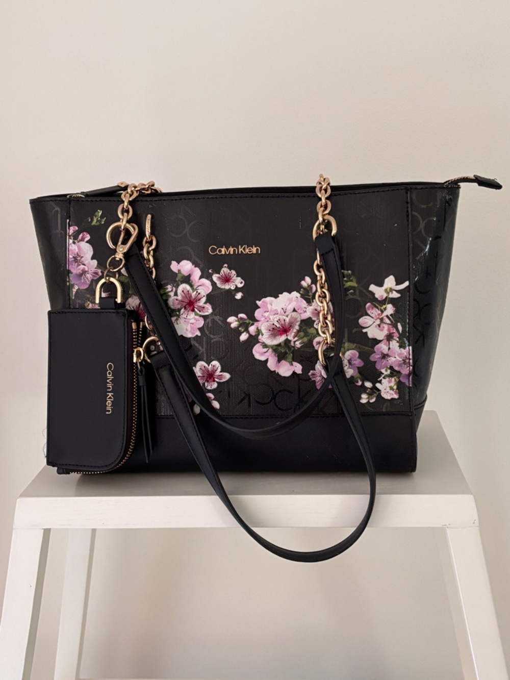 Calvin Klein Handbag with Pink Floral Print and Gold Chains